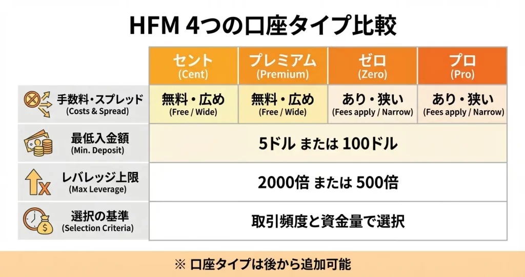 HFM口座タイプの比較表｜スプレッド・手数料・最低入金額