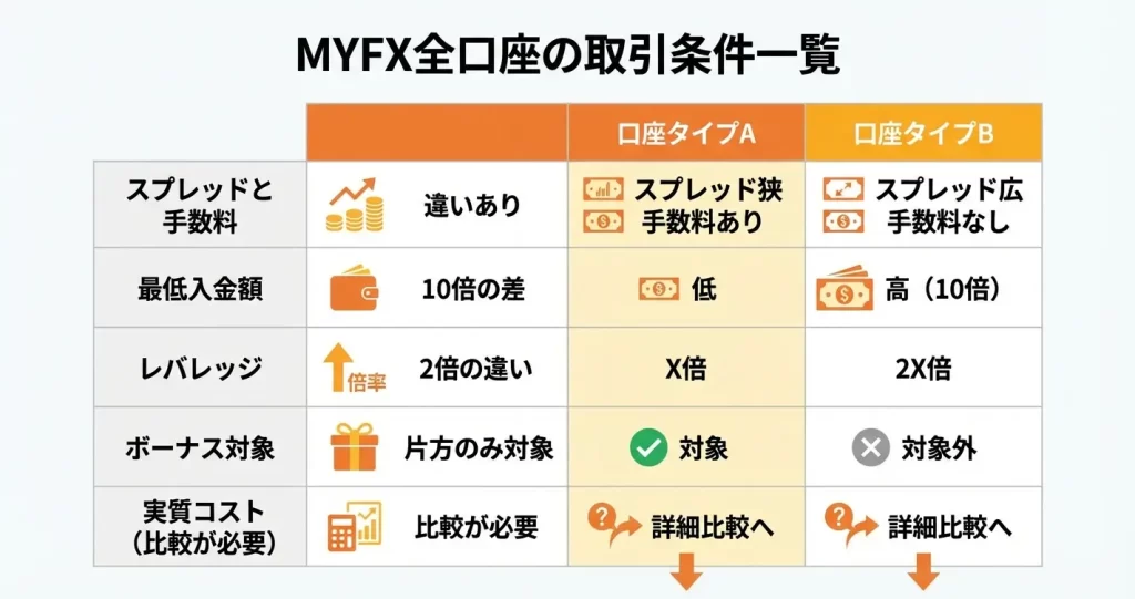 MYFXMarkets全口座タイプの取引条件比較表