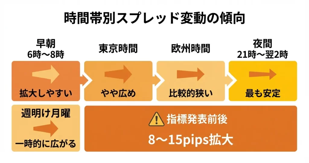 スプレッドの変動幅と取引時間帯による違い