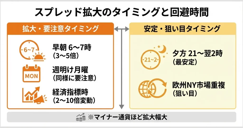 スプレッドが広がりやすい時間帯と注意点