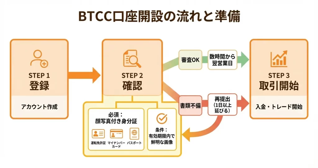 BTCC口座開設の全体像｜手順・必要書類・所要時間